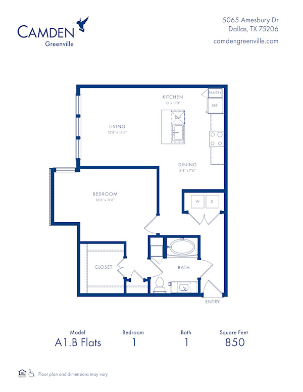 Camden Greenville Apartments, Dallas, TX, A1B Flats Floor Plan, One Bedroom-One Bathroom