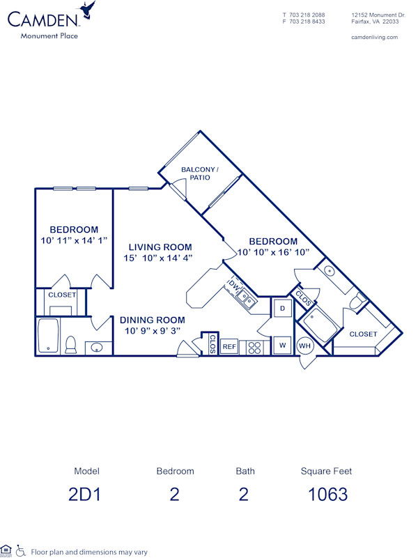 Blueprint of 2D1 Floor Plan, 2 Bedrooms and 2 Bathrooms at Camden Monument Place Apartments in Fairfax, VA