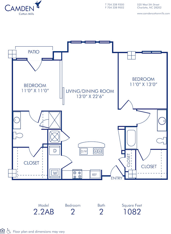 Blueprint of 2.2AB Floor Plan, 2 Bedrooms and 2 Bathrooms at Camden Cotton Mills Apartments in Charlotte, NC