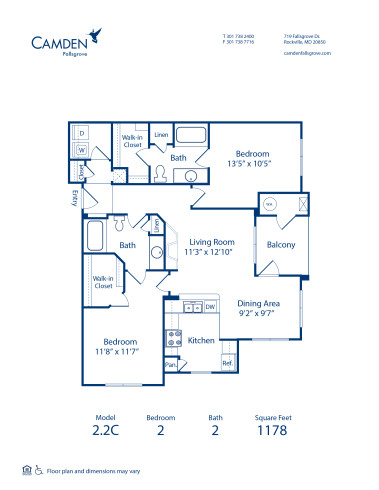 Blueprint of 2.2C Floor Plan, 2 Bedrooms and 2 Bathrooms at Camden Fallsgrove Apartments in Rockville, MD