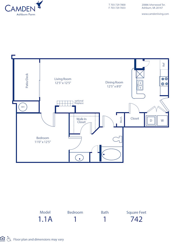 Blueprint of 1.1A Floor Plan, 1 Bedroom and 1 Bathroom at Camden Ashburn Farm Apartments in Ashburn, VA