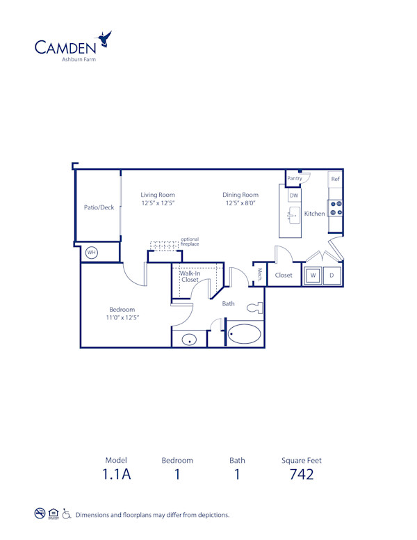 Blueprint of 1.1A Floor Plan, 1 Bedroom and 1 Bathroom at Camden Ashburn Farm Apartments in Ashburn, VA