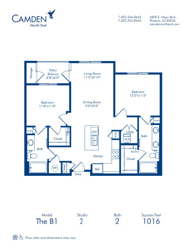 Blueprint of B1 Floor Plan, Apartment Home with 2 Bedrooms and 2 Bathrooms at Camden North End in Phoenix, AZ