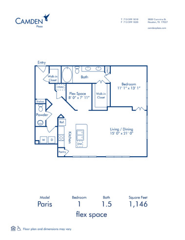 Blueprint of Paris Floor Plan, 1 Bedroom and 1.5 Bathrooms at Camden Plaza Apartments in Houston, TX
