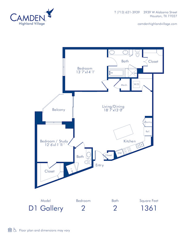 Camden Highland Village apartments in Houston, TX Gallery two bedroom floor plan D1