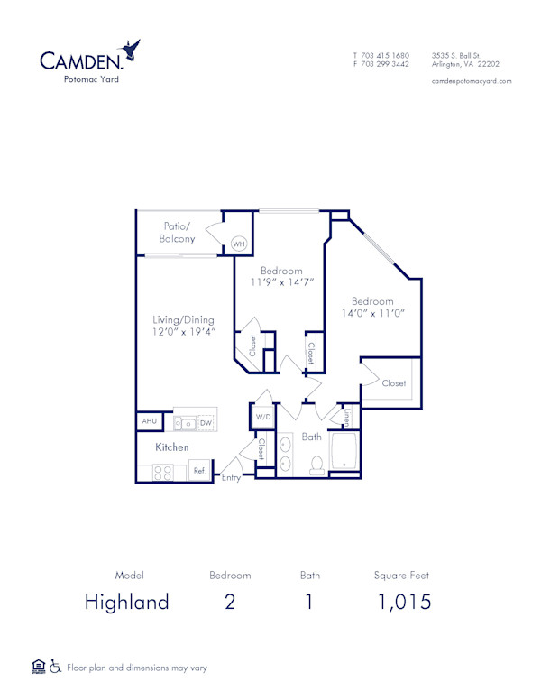 Blueprint of Highland Floor Plan, 2 Bedrooms and 1 Bathroom at Camden Potomac Yard Apartments in Arlington, VA