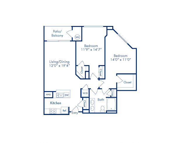 Blueprint of Highland Floor Plan, 2 Bedrooms and 1 Bathroom at Camden Potomac Yard Apartments in Arlington, VA
