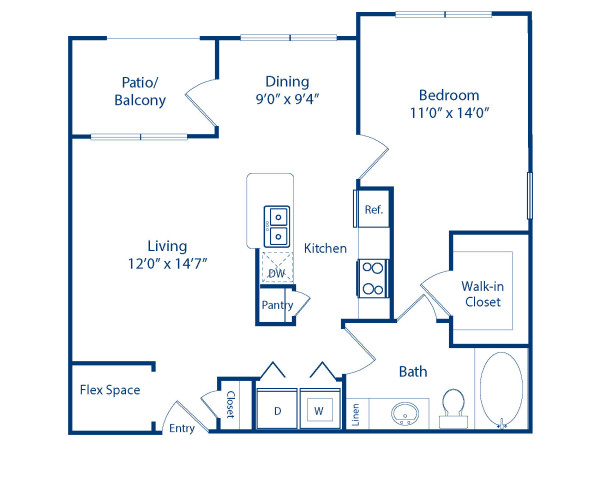 Blueprint of The Columbia Floor Plan, 1 Bedroom and 1 Bathroom at Camden Heights Apartments in Houston, TX