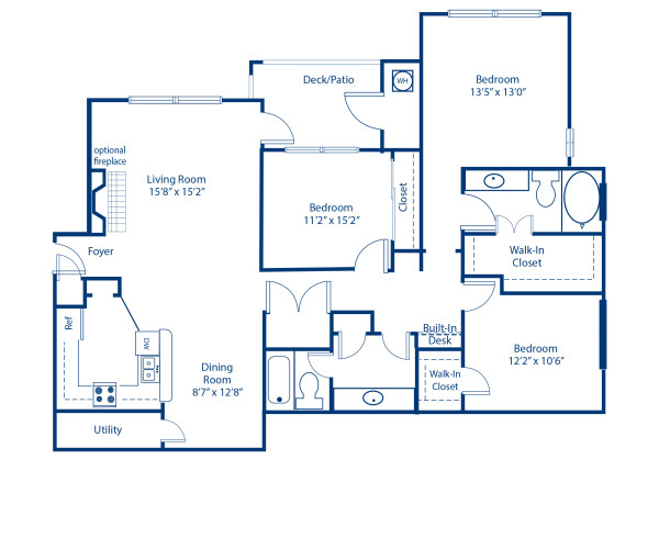 Blueprint of 3.2G Floor Plan, 3 Bedrooms and 2 Bathrooms at Camden Lansdowne Apartments in Lansdowne, VA