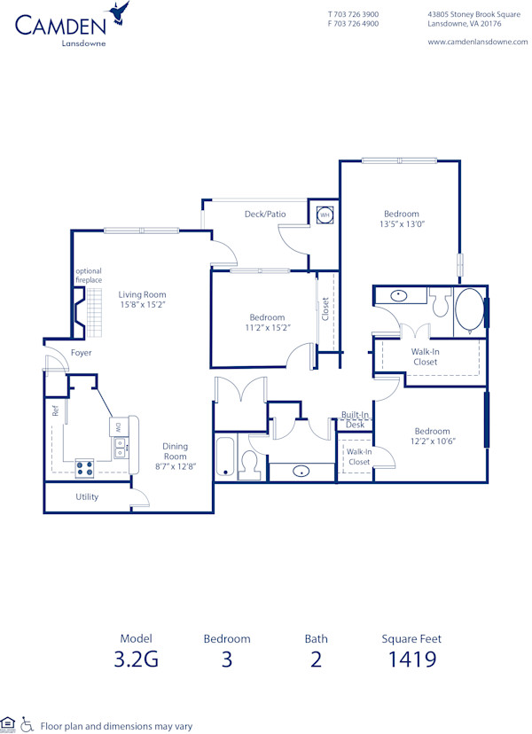 Blueprint of 3.2G Floor Plan, 3 Bedrooms and 2 Bathrooms at Camden Lansdowne Apartments in Lansdowne, VA