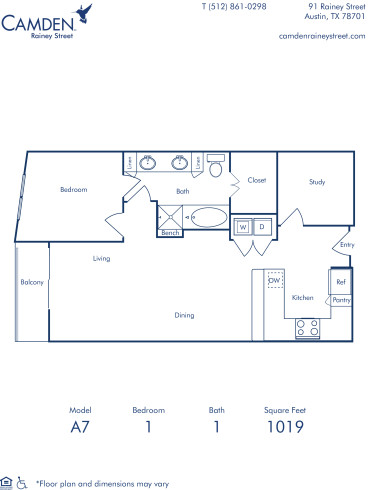 Camden Rainey Street apartments in Austin, TX one bedroom floor plan A7 Study