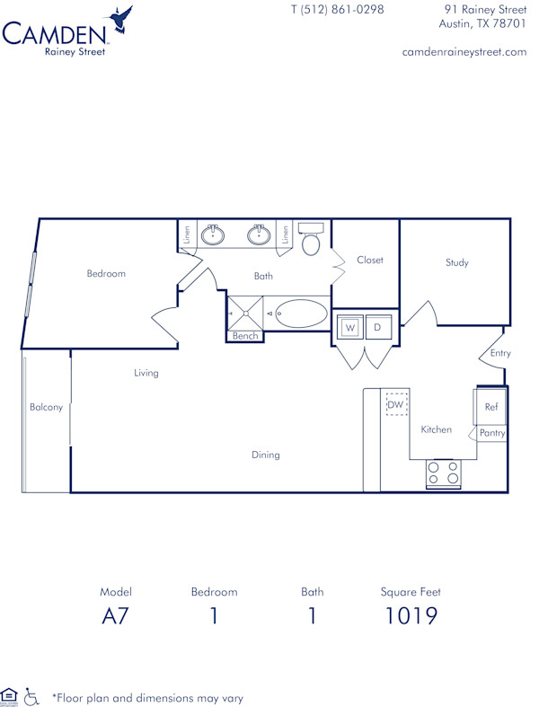 Camden Rainey Street apartments in Austin, TX one bedroom floor plan A7 Study