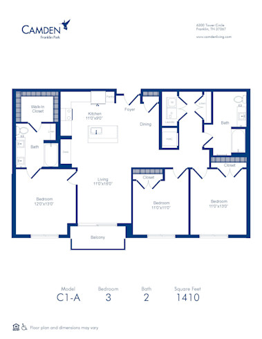 Floor Plan C1-A three bedroom at Camden Franklin Park in Franklin, TN