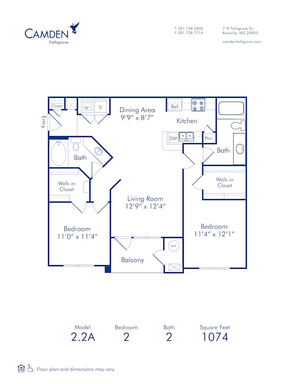 Blueprint of 2.2A Floor Plan, 2 Bedrooms and 2 Bathrooms at Camden Fallsgrove Apartments in Rockville, MD