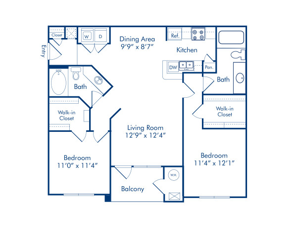 Blueprint of 2.2A Floor Plan, 2 Bedrooms and 2 Bathrooms at Camden Fallsgrove Apartments in Rockville, MD