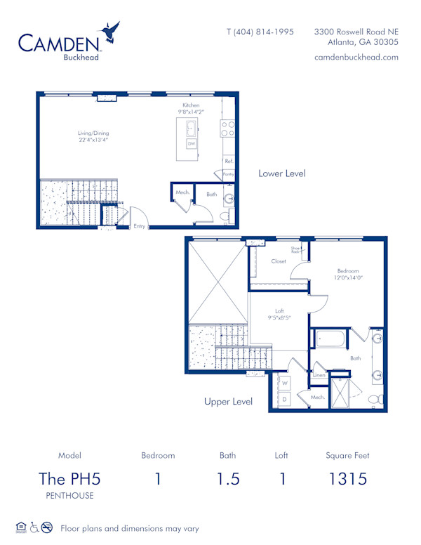 1 bedroom x 1.5 bathroom Penthouse floor plan (PH5) at Camden Buckhead apartments in Atlanta, Georgia