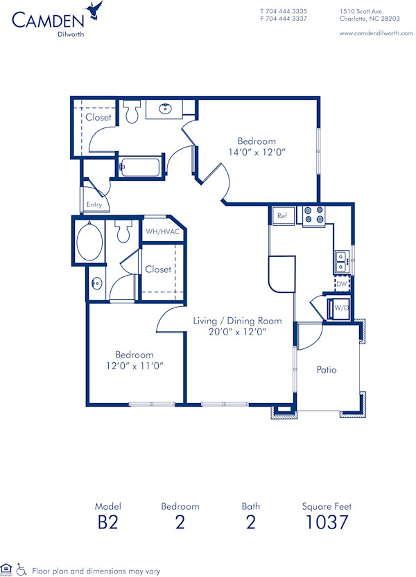 Blueprint of B2 Floor Plan, 2 Bedrooms and 2 Bathrooms at Camden Dilworth Apartments in Charlotte, NC