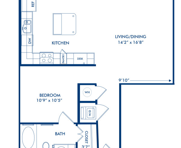 Blueprint of Luxe 2 Floor Plan, 1 Bedroom and 1 Bathroom at Camden Belmont Apartments in Dallas, TX