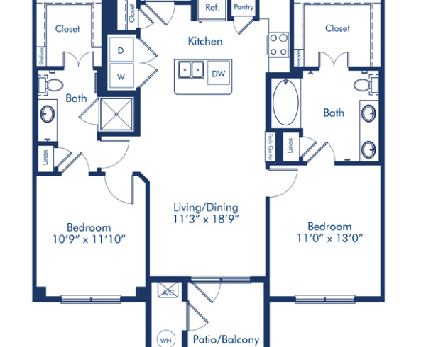 Blueprint of Lincoln Floor Plan, 2 Bedrooms and 2 Bathrooms at Camden Lincoln Station Apartments in Lone Tree, CO