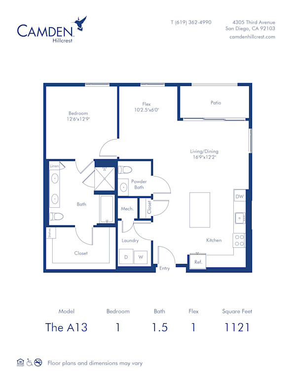 Camden Hillcrest apartments in San Diego, California one bedroom, one and a half bath floor plan The A1