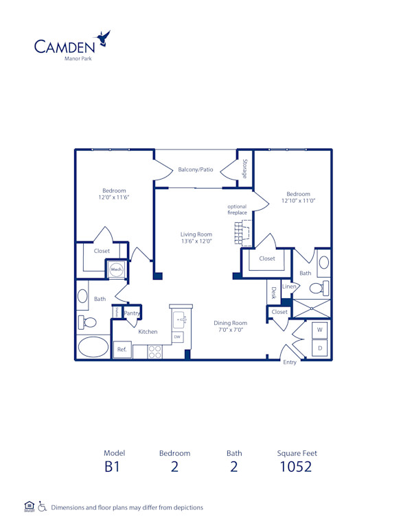 Blueprint of B1 Floor Plan, 2 Bedrooms and 2 Bathrooms at Camden Manor Park Apartments in Raleigh, NC