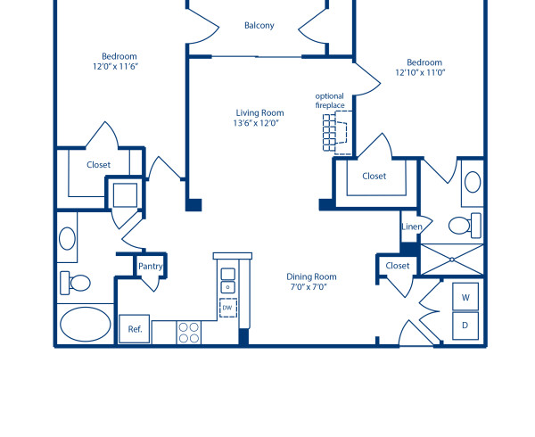 Blueprint of D1.2 Floor Plan, 2 Bedrooms and 2 Bathrooms at Camden Manor Park Apartments in Raleigh, NC