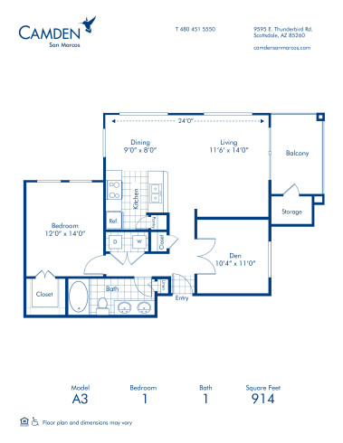 Blueprint of A3 Floor Plan, 1 Bedrooms with a Den and 1 Bathroom at Camden San Marcos Apartments in Scottsdale, AZ