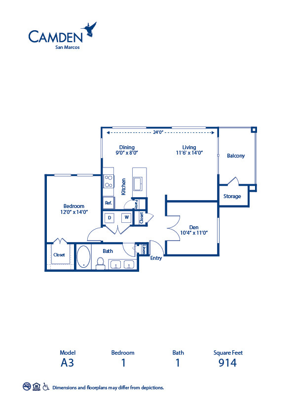 Blueprint of A3 Floor Plan, 1 Bedrooms with a Den and 1 Bathroom at Camden San Marcos Apartments in Scottsdale, AZ