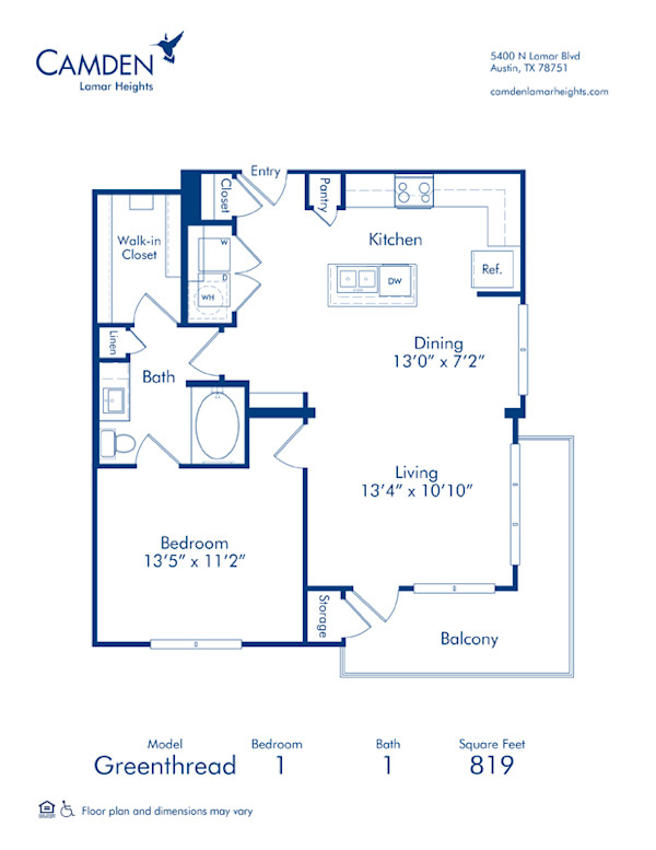 Blueprint of Greenthread Floor Plan, 1 Bedroom and 1 Bathroom at Camden Lamar Heights Apartments in Austin, TX