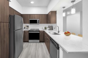 Kitchen with quartz countertops and stainless steel appliances at Camden Vanderbilt Apartments in Houston, TX. 