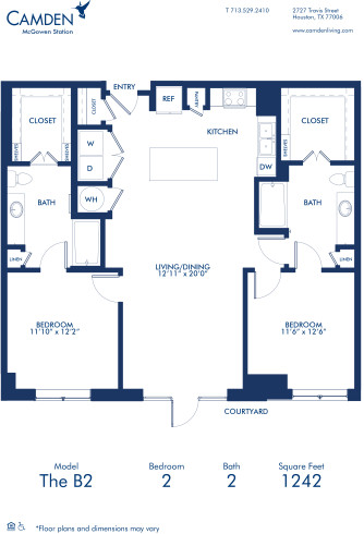 Blueprint of B2 Floor Plan, Two Bedroom and Two Bathroom Apartment at Camden McGowen Station Apartments in Midtown Houston, TX