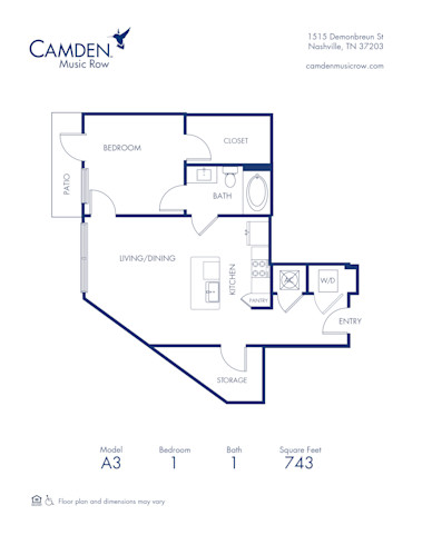 Camden Music Row Apartments, Nashville, TN, A3 1 bedroom 1 bathroom floor plan