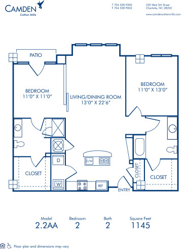 Blueprint of 2.2AA Floor Plan, 2 Bedrooms and 2 Bathrooms at Camden Cotton Mills Apartments in Charlotte, NC