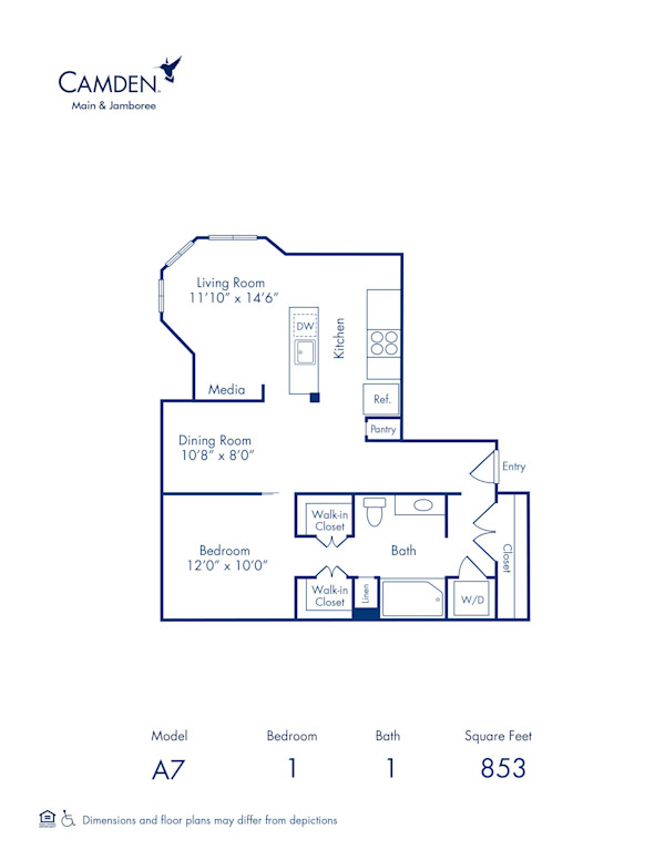 Blueprint of Earth Floor Plan, 1 Bedroom and 1 Bathroom at Camden Main and Jamboree Apartments in Irvine, CA