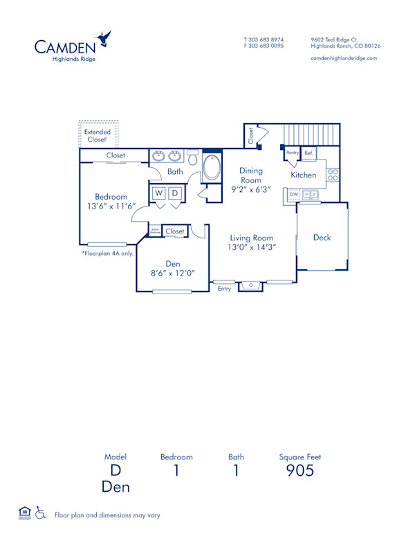 Blueprint of D Floor Plan, 1 Bedroom and 1 Bathroom at Camden Highlands Ridge Apartments in Highlands Ranch, CO
