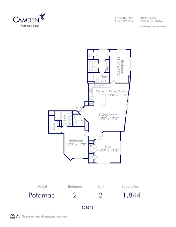 Blueprint of Potomac Floor Plan, 2 Bedrooms and 2 Bathrooms at Camden Potomac Yard Apartments in Arlington, VA