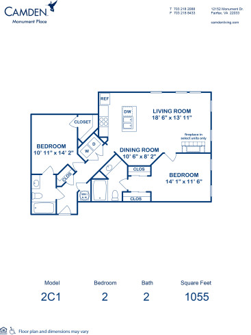 Blueprint of 2C1 Floor Plan, 2 Bedrooms and 2 Bathrooms at Camden Monument Place Apartments in Fairfax, VA