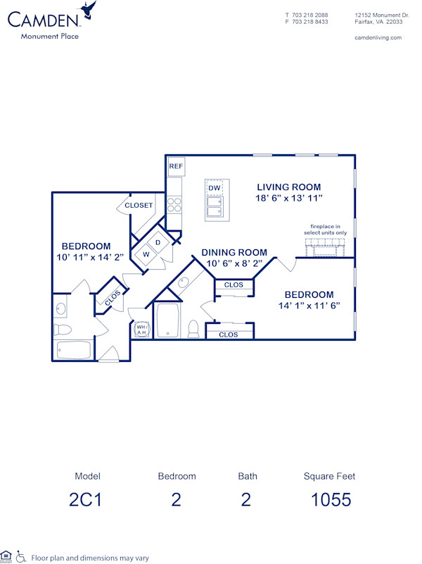 Blueprint of 2C1 Floor Plan, 2 Bedrooms and 2 Bathrooms at Camden Monument Place Apartments in Fairfax, VA
