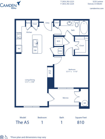 Camden Rino apartments in Denver one bedroom floor plan diagram, The A5