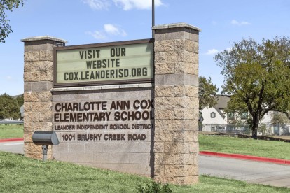 Cox Elementary School in Leander Independent School District near Camden Brushy Creek apartments in Cedar Park, TX