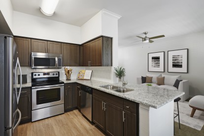 Contemporary-style kitchen and living room at Camden Farmers Market Apartments in Dallas, TX