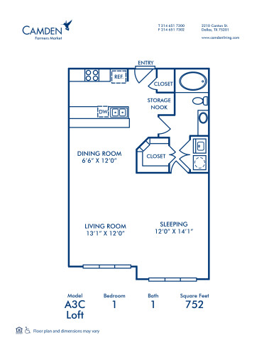 Blueprint of A3C - Loft Floor Plan, 1 Bedroom and 1 Bathroom at Camden Farmers Market Apartments in Dallas, TX