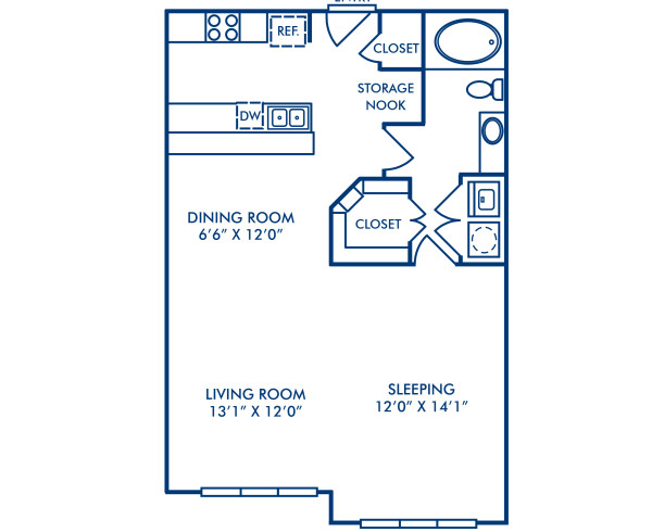 Blueprint of A3C - Loft Floor Plan, 1 Bedroom and 1 Bathroom at Camden Farmers Market Apartments in Dallas, TX