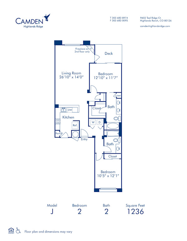 Blueprint of J Floor Plan, 2 Bedrooms and 2 Bathrooms at Camden Highlands Ridge Apartments in Highlands Ranch, CO