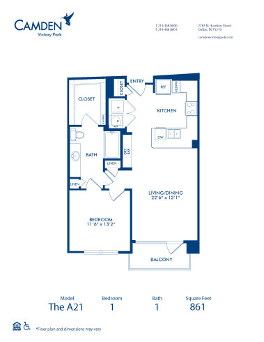 Blueprint of A21 Floor Plan, 1 Bedroom and 1 Bathroom at Camden Victory Park Apartments in Dallas, TX