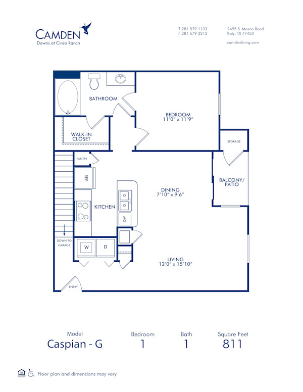 Blueprint of Caspian G Floor Plan, 1 Bedroom and 1 Bathroom at Camden Downs at Cinco Ranch Apartments in Katy, TX