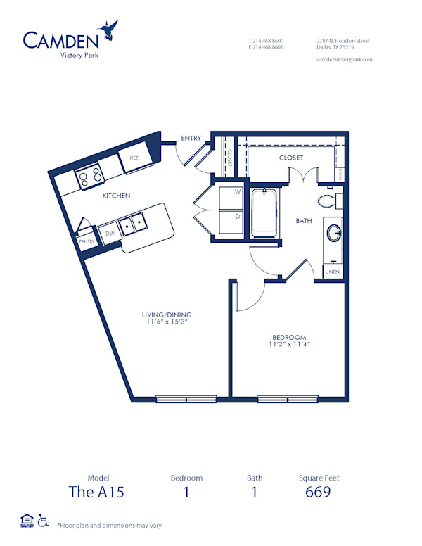   Blueprint of A15 Floor Plan, 1 Bedroom and 1 Bathroom at Camden Victory Park Apartments in Dallas, TX