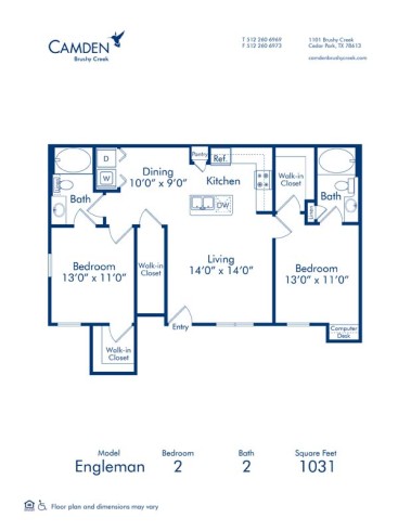 Blueprint of Engleman Floor Plan, 2 Bedrooms and 2 Bathrooms at Camden Brushy Creek Apartments in Cedar Park, TX