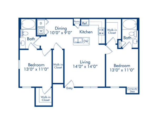 Blueprint of Engleman Floor Plan, 2 Bedrooms and 2 Bathrooms at Camden Brushy Creek Apartments in Cedar Park, TX