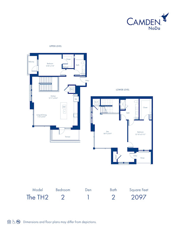 The TH1 floor plan, 2 bed, 2 bath with den at Camden NoDa Apartments in Charlotte, NC